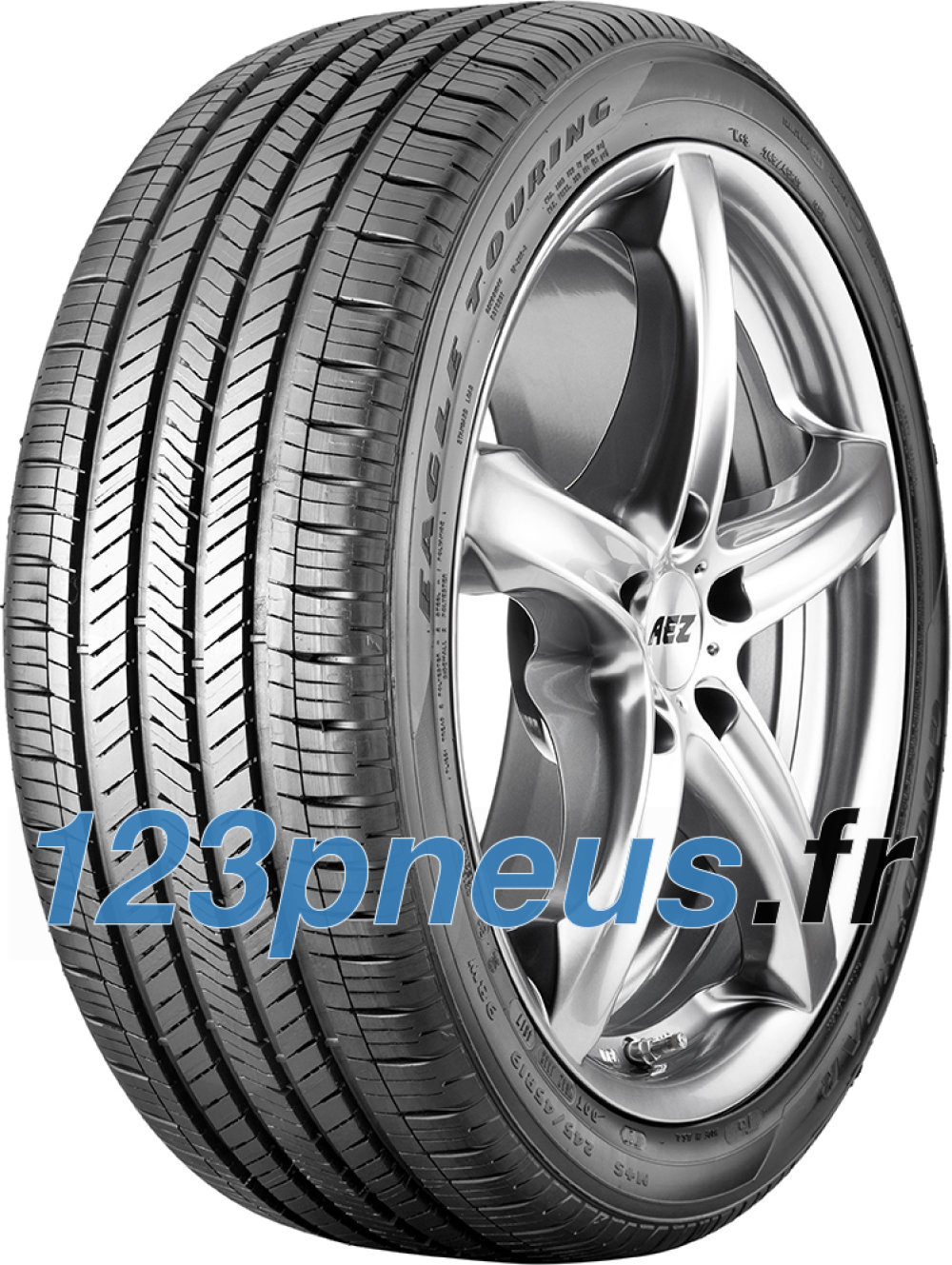 Goodyear Eagle Touring 295/40 R20 110W summer tyre features a sleek black rubber tread with intricate grooves, mounted on a shiny silver alloy wheel.