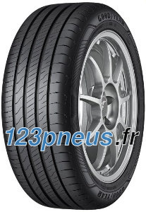Black summer tire with a sleek tread pattern, labeled "Goodyear EfficientGrip Performance 2," featuring a 235/60 R20 size and mounted on a silver alloy wheel.