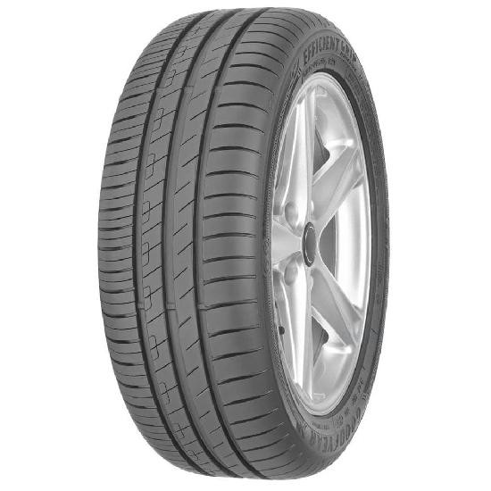 Goodyear EFFICIENTGRIP PERFORM 205/55 R19 97H summer tyre features a sleek black rubber design with a tread pattern for enhanced grip, mounted on a silver alloy wheel.