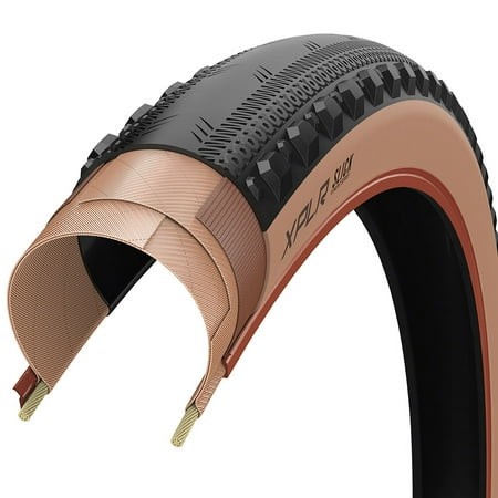 Goodyear XPLR Slick Gravel Tire 700x45C, featuring a black tread, tan sidewall, folding design, and tubeless-ready construction, ideal for dynamic gravel riding.