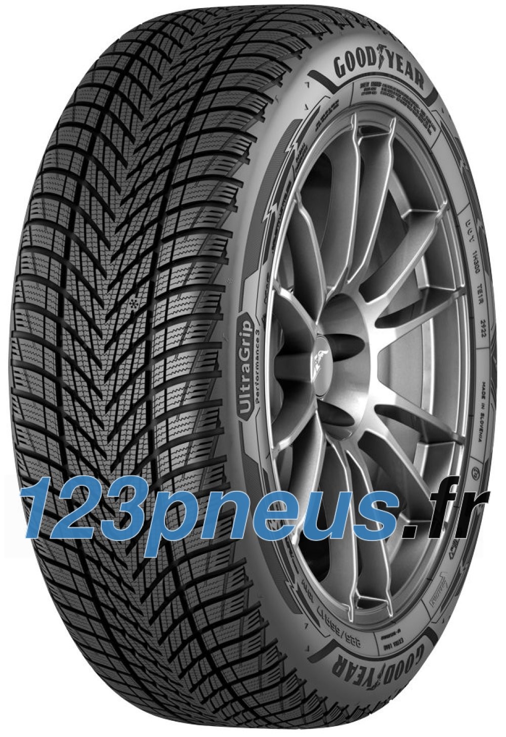Goodyear UltraGrip Performance 3 tire in size 255/45 R21, featuring a black tread pattern, rim protection, and a silver alloy wheel design with the Goodyear logo.
