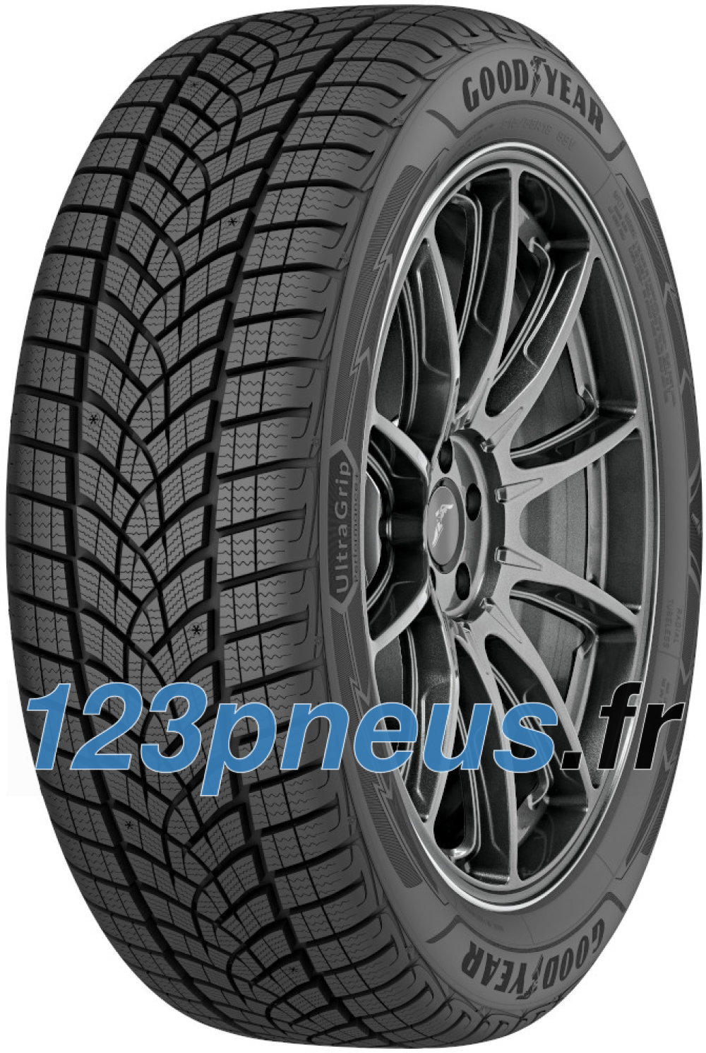 Goodyear ULTRAGRIP PERFORMANCE + SUV winter tyre, featuring a black rubber surface with a detailed tread pattern, mounted on a stylish alloy wheel, labeled with brand and model information.