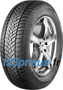 Goodyear UltraGrip Performance + tire in size 235/55 R19 105H XL EVR, featuring a detailed tread pattern and a sleek silver alloy wheel.