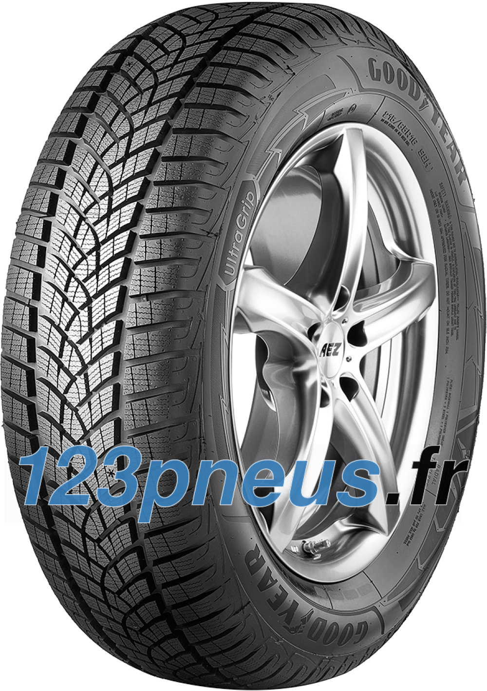 Goodyear UltraGrip Performance + winter tyre featuring a detailed tread pattern, black rubber material, and a silver alloy wheel, labeled with size 255/50 R21 109H.