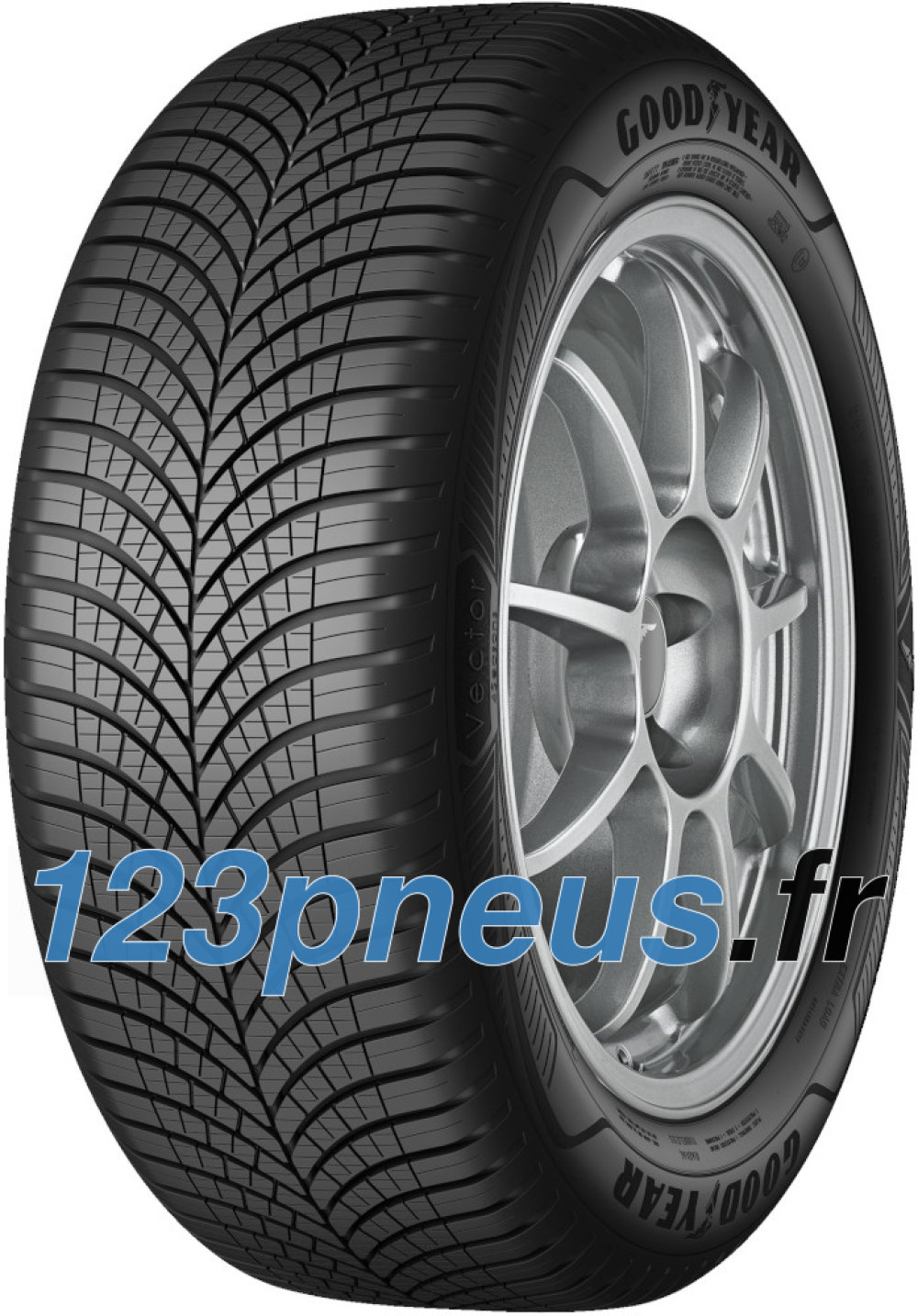 Goodyear VECTOR 4SEASONS GEN-3 SUV tyre with a black rubber surface, featuring a detailed tread pattern, mounted on a silver alloy wheel, labeled with size 255/50 R20 109W.