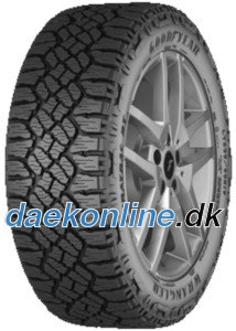 Goodyear Wrangler Duratrac RT 10-PR EV OWL tire features a rugged tread design, black rubber material, and raised white lettering on the sidewall for enhanced traction and durability.