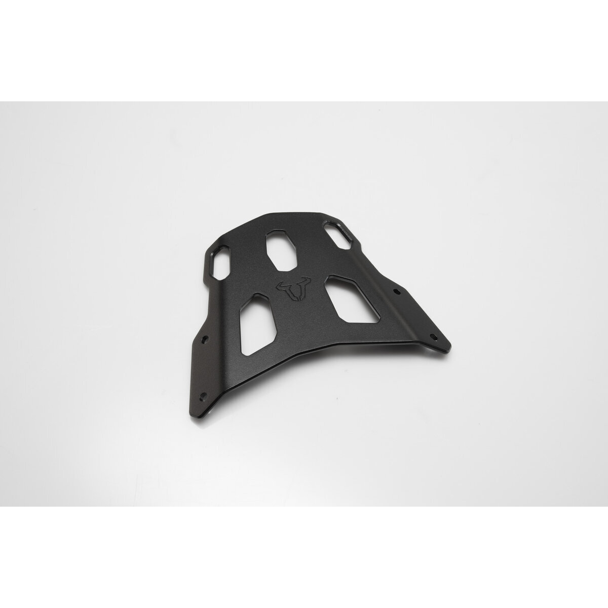 Black SW-Motech STREET-RACK for Voge 500R (19-) featuring a sturdy metal construction with cut-out designs and a logo, designed for enhanced luggage support.