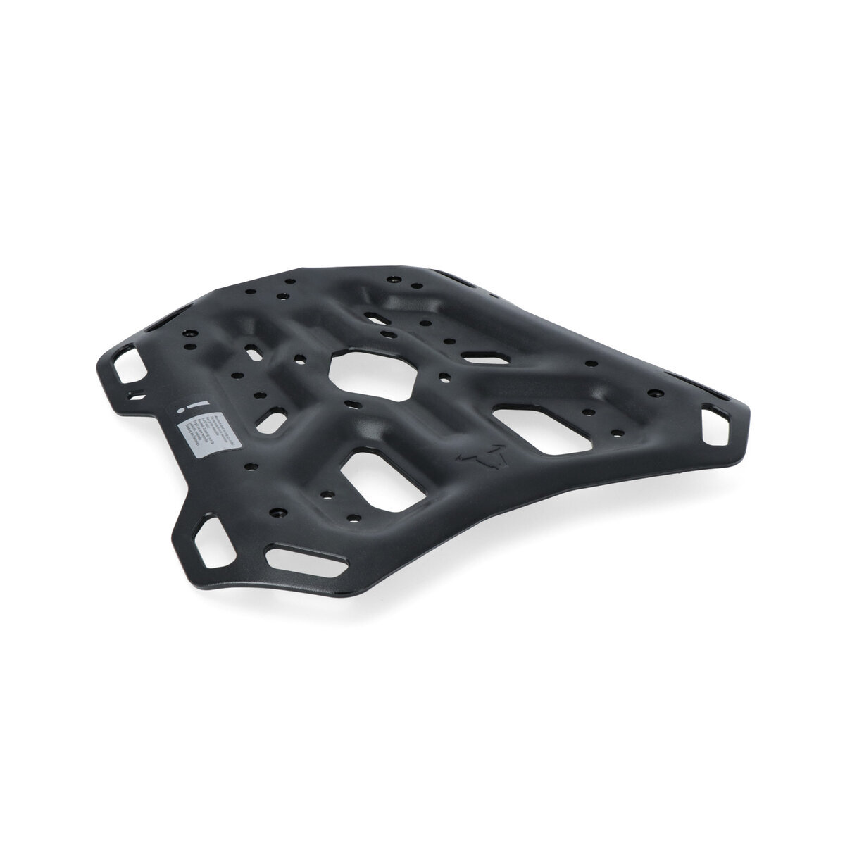 Black, lightweight aluminum motorcycle luggage rack with multiple cutouts and mounting points for secure attachment, featuring a sleek, modern design.