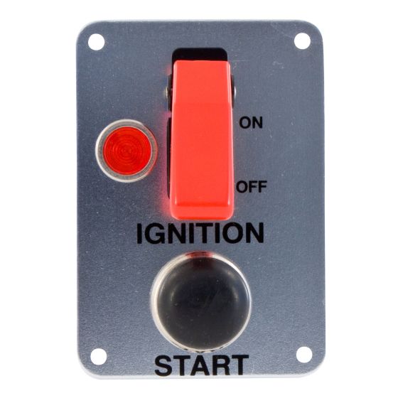 Grayston Starter Switch Panel in silver aluminum featuring a red toggle switch labeled "ON" and "OFF," a red indicator light, and a round push button marked "START."