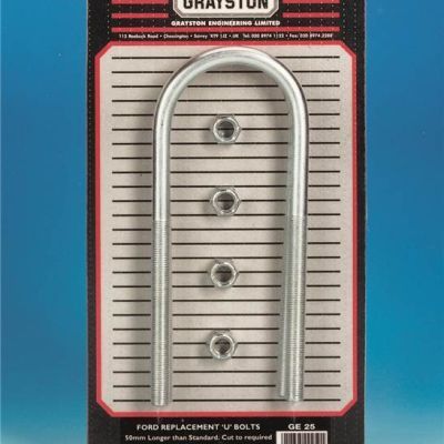 Grayston U Bolts Pack featuring two silver metal U-bolts with threaded ends and four accompanying nuts, displayed on a red and black card with product details.