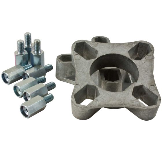 Grayston Universal Wheel Spacer Kit featuring a gray metal spacer with a 4-hole design and four accompanying silver bolts, designed for 7/16" UNF applications.