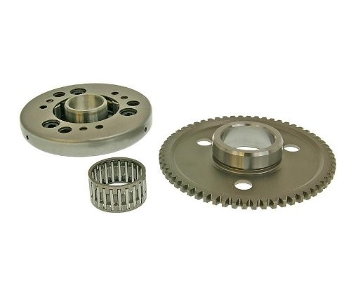 Metal starter clutch components for Sym Fiddle II 125, featuring a circular gear with holes, a smooth central hub, and a needle bearing, all in a silver finish.