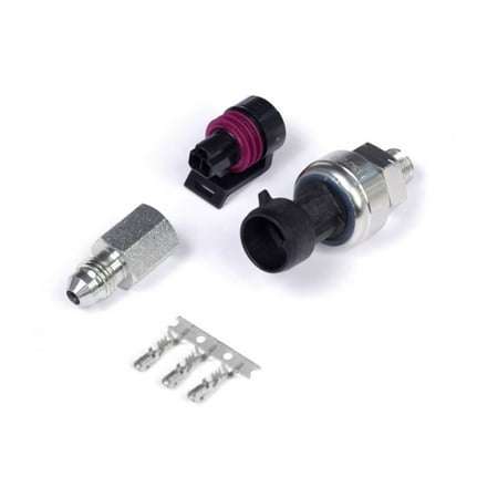 Haltech HT-010906 pressure sensor kit includes a silver metal sensor with a black rubber boot, a purple and black connector, a silver fitting, and three metal terminals.