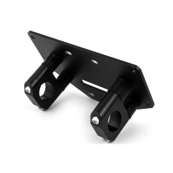 Black metal roll cage mount with two cylindrical brackets, designed for Haltech Nexus R3/S3/S2 ECU, featuring multiple mounting holes for secure installation.