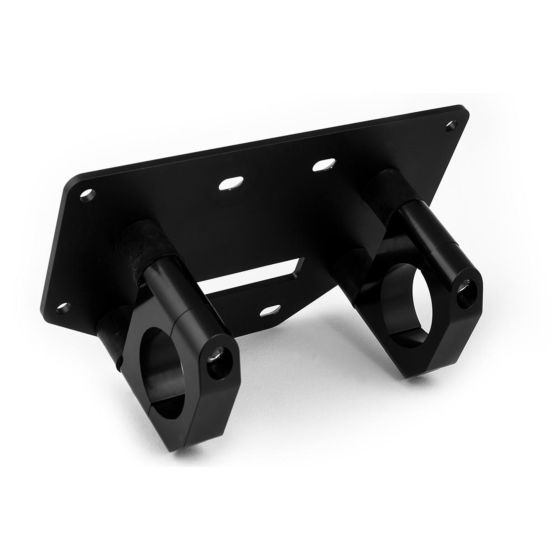 Black metal roll cage mount featuring two cylindrical brackets, designed for secure installation of Haltech Nexus R3/S3/S2 ECUs, with multiple mounting holes for versatility.