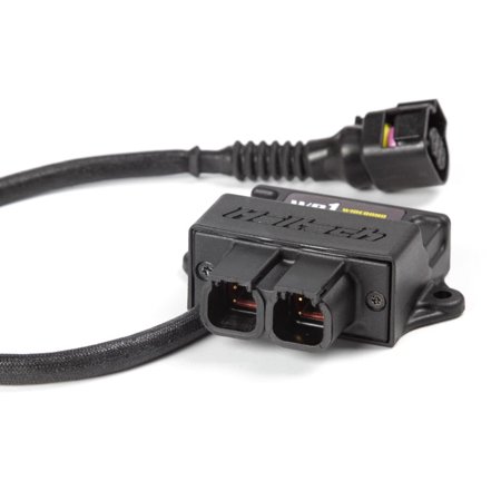 Haltech WB1 single channel CAN O2 wideband controller kit featuring a black plastic housing with dual connector ports and a cable with a weatherproof connector.