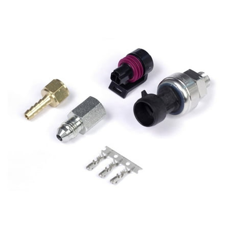 Haltech 5 Bar TI MAP Sensor with a metallic body, black rubber connector, and accompanying brass and aluminum fittings, featuring three metal terminals.