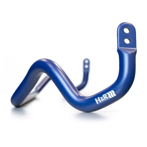 Blue 27mm H&R Anti-Roll Bar with a smooth finish, featuring two adjustable ends and the H&R logo, designed for enhanced vehicle stability and handling.