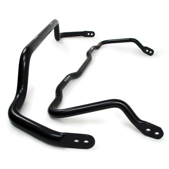 Black steel anti-roll bars with a 26mm two-way adjustable front and a 24mm non-adjustable rear, featuring smooth curves and mounting points for easy installation.