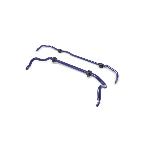 H&R Anti-Roll Bar Kit featuring a 28mm blue, two-way adjustable front bar and a 20mm non-adjustable rear bar, both made of durable metal with rubber bushings.