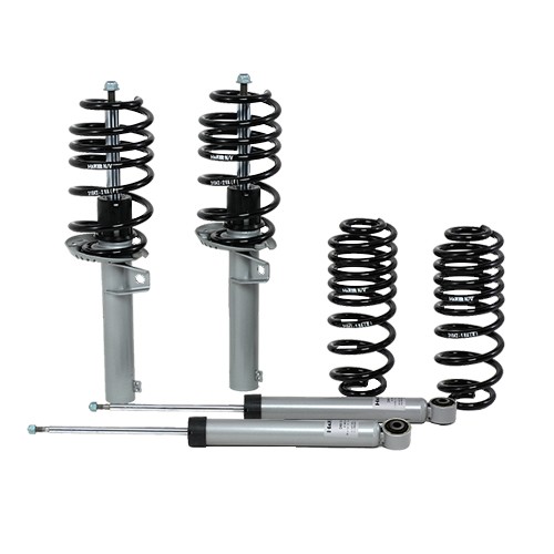H&R 41974-1 Suspension Kit featuring two black coil springs and two silver shock absorbers, designed for enhanced comfort in vehicle suspension systems.