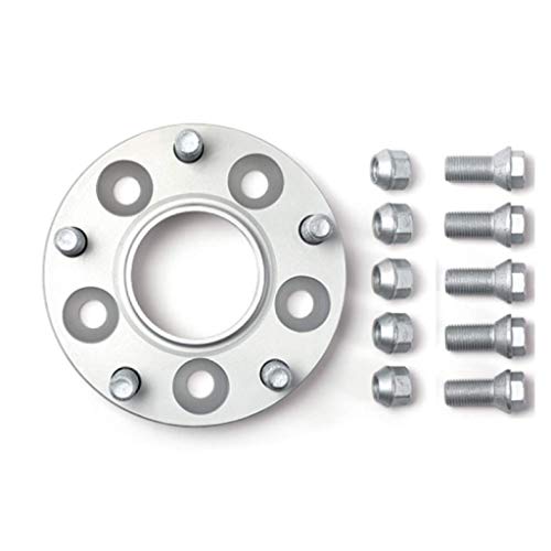 Silver aluminum track widening adapter with five holes, measuring 20mm, accompanied by eight metallic bolts, designed for BMW vehicles, enhancing axle width by 40mm.