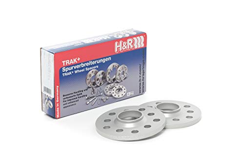 Silver aluminum wheel spacer adapters with five holes, designed for BMW, providing 15mm widening per side, packaged in a blue and red H&R box.