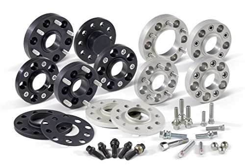 H&R 505655713 Track Widening Adapter set featuring black and silver aluminum spacers, 5-hole design, with accompanying bolts and hardware for Audi, Seat, Skoda, and VW vehicles.