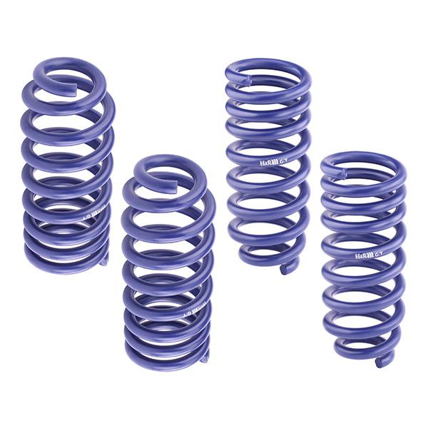 Purple coil springs from H&R's 28657-1 Suspension Kit, designed for performance lowering with a 25mm front and 15mm rear axle drop, featuring a durable metal construction.