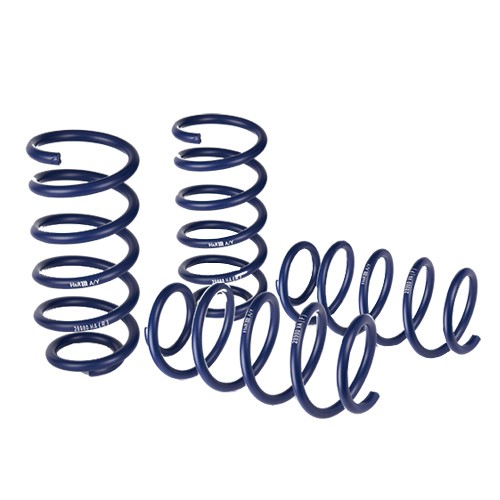 Blue coil springs from H&R, designed for performance lowering, featuring a 25mm drop for both front and rear axles, made of durable metal with a sleek finish.