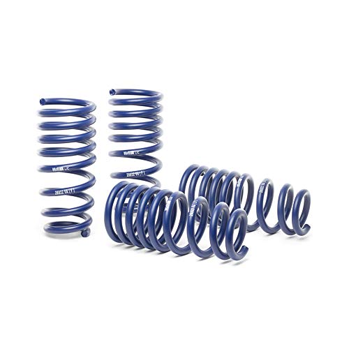 Blue coil springs arranged in pairs, designed for performance lowering, featuring a sleek finish and marked with white branding for H&R, suitable for front and rear axle lowering.