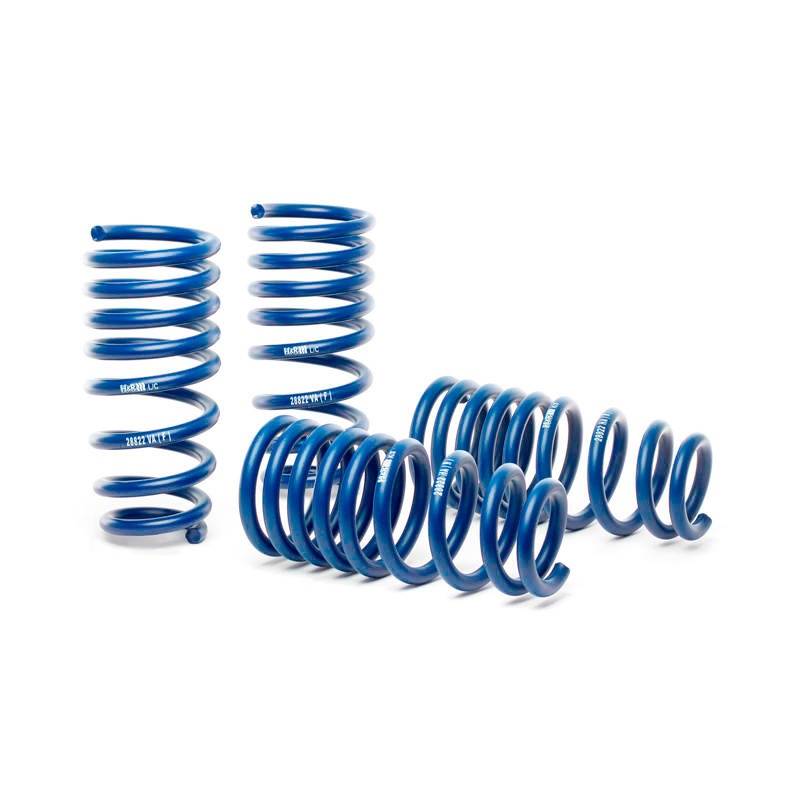 Blue coil springs from H&R, designed for performance lowering, featuring a smooth finish and varying diameters for enhanced suspension.