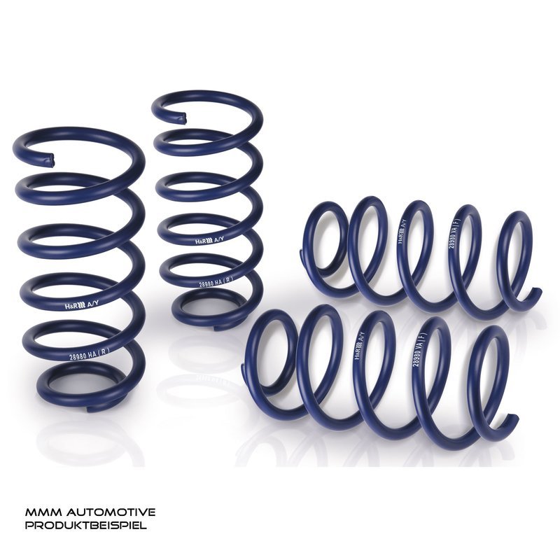 Blue coil springs designed for performance lowering, featuring a sleek spiral design, with specifications indicating a 45mm front and 40mm rear axle drop.