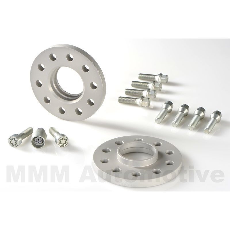Silver aluminum wheel spacers with 11mm thickness, featuring five holes each, accompanied by matching bolts for installation.