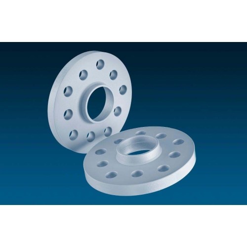 Silver aluminum wheel spacers with a 15mm thickness, featuring five holes for mounting, designed for track widening of 30mm per axle.