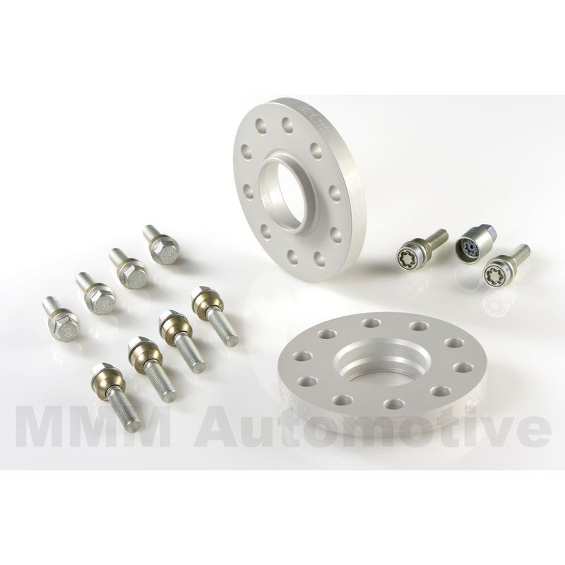 Silver aluminum wheel spacers with a diameter of 18mm, featuring five holes, accompanied by a set of bolts for installation.