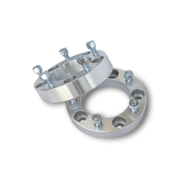 Silver aluminum wheel spacers with five holes, featuring bolts, designed for track widening by 20mm per spacer, totaling 40mm per axle, branded H&R.