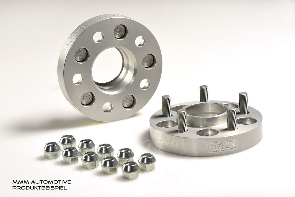 Silver aluminum wheel spacers with a 20mm thickness, featuring five holes for bolts, accompanied by matching lug nut covers, designed for track widening applications.