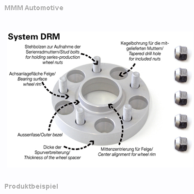 Silver aluminum wheel spacer with a central hole, five bolt holes, and tapered nut design, labeled with specifications for track widening and installation details.