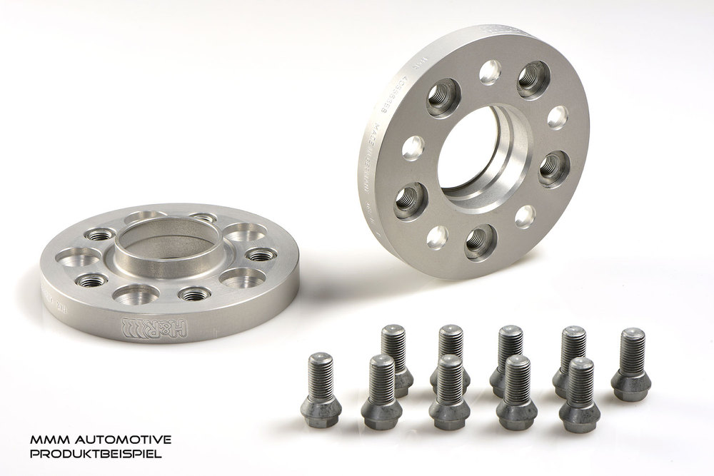 Silver aluminum wheel spacers with five holes, measuring 20mm thick each, accompanied by ten matching bolts for installation.