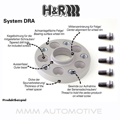 Silver aluminum wheel spacers with four holes, labeled features for installation, showcasing a 25mm thickness for track widening, designed by H&R.