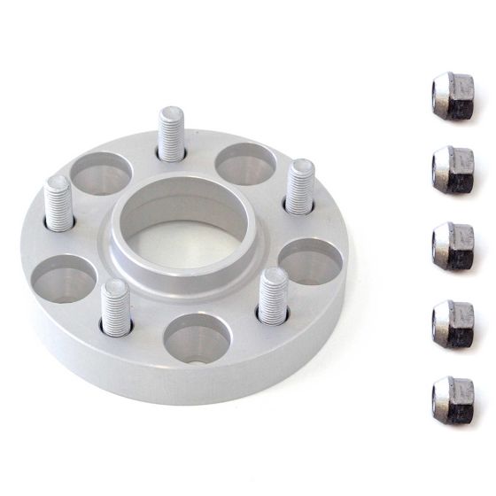Silver aluminum wheel spacer with a central hole and five bolt holes, accompanied by five metal lug nut covers, designed for track widening by 30mm per side.