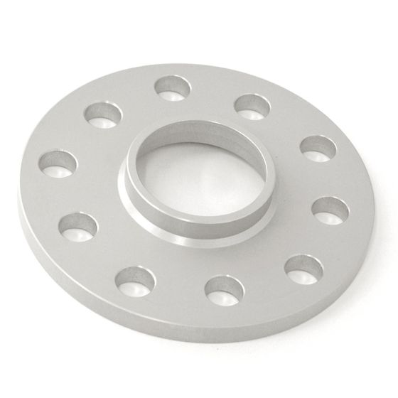 Silver aluminum wheel spacer with a central hub and five circular holes around the edge, designed for track widening by 6mm per axle.