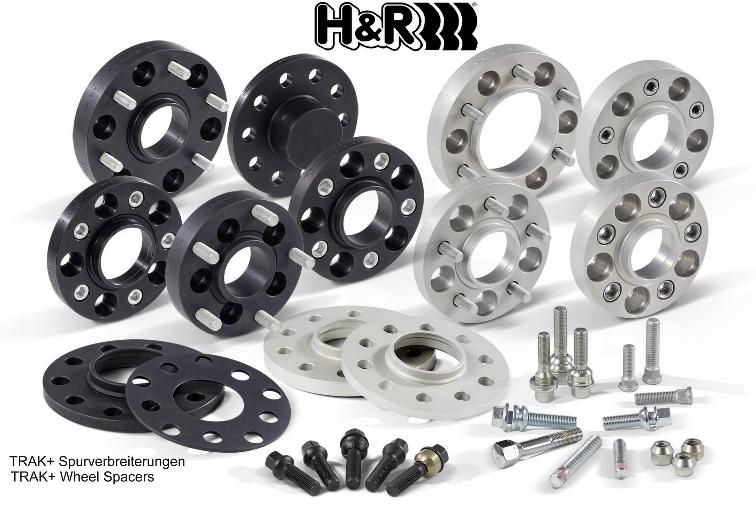 H&R TRAK+® wheel spacers in black and silver, featuring 5mm thickness, 10mm track widening per axle, five holes, and accompanied by bolts and hardware for installation.