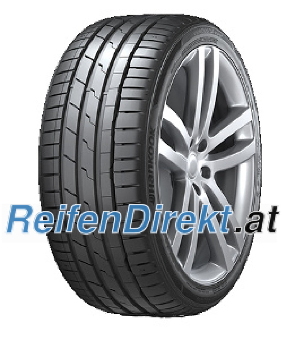 Black summer tyre with a sleek tread pattern, labeled "Hankook Ventus S1 Evo3 SUV K127A 315/40 R21 115Y," mounted on a silver alloy wheel.