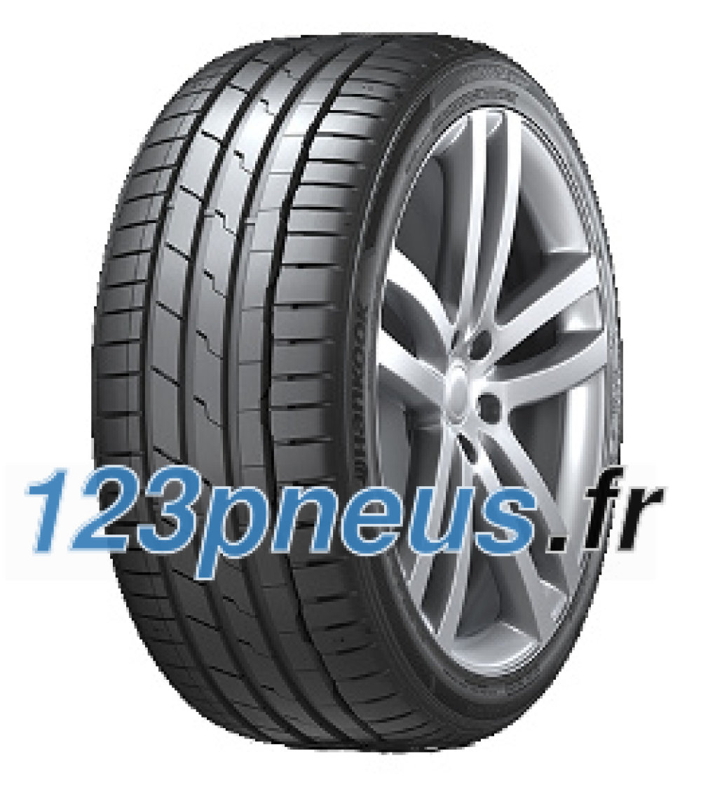 Hankook Ventus S1 Evo3 K127B summer tyre with a sleek black rubber surface, featuring a low-profile design and distinctive tread pattern, mounted on a silver alloy wheel.