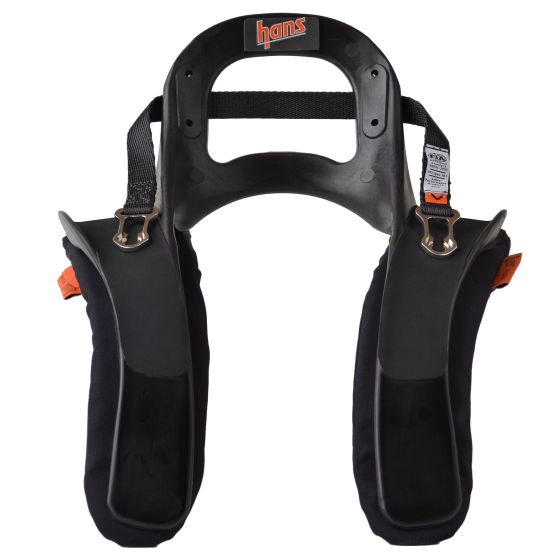 Black HANS III device in size large, featuring a rigid carbon fiber structure with padded shoulder supports and adjustable straps, designed for safety in motorsports.