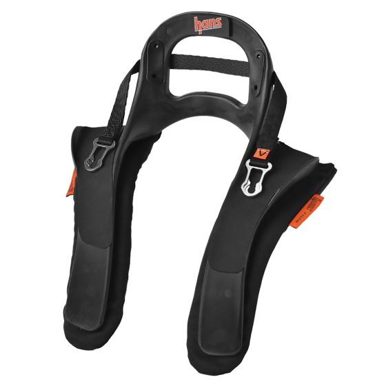 Black HANS III Youth HANS Device featuring a sturdy plastic frame, adjustable straps, and orange accents for safety and comfort in motorsport use.