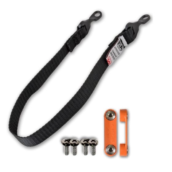Black nylon tether strap with orange attachment piece and three screws, designed for quick release, measuring 19 inches (47.5cm) in length.