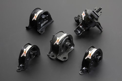 Five black motor mounts from Hardrace, designed for 1996-00 Honda Civic, featuring durable rubber and metal construction with distinctive branding labels.
